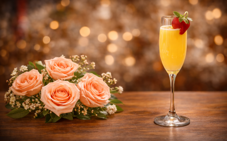 Big Fin Seafood Mothers Day Brunch with peach roses and mimosa cocktail